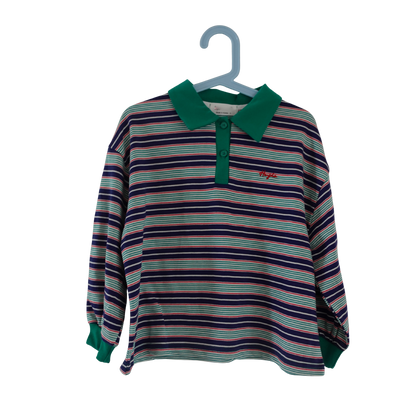 Groen blauwe gestreepte kinderlongsleeve met contrasterende kraag