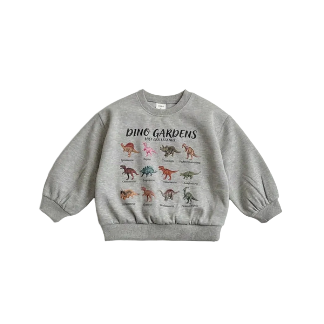 Grijze Mini Dino kindersweater met dino print
